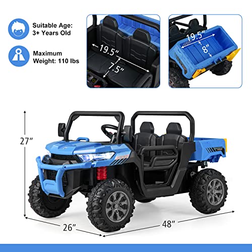 OLAKIDS 2 Seater Ride On UTV, 12V Kids Electric Vehicle Dump Truck with Remote Control, Dump Bed and Extra Shovel, Toddlers Battery Powered Car with Music, USB, AUX, Rocking Function (Blue) from Olakids