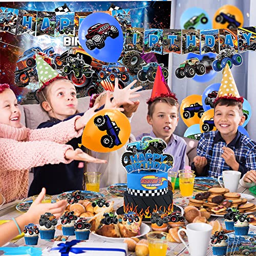 Monster Truck Birthday Party Supplies, Monster Truck Party Decorations Include Balloons, Happy Birthday Banner, Cakeï¼Cupcake Toppers, Tableware, Tablecloth, Backdrop by Zicuicor