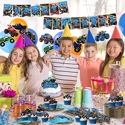 Monster Truck Birthday Party Supplies, Monster Truck Party Decorations Include Balloons, Happy Birthday Banner, Cakeï¼Cupcake Toppers, Tableware, Tablecloth, Backdrop by Zicuicor