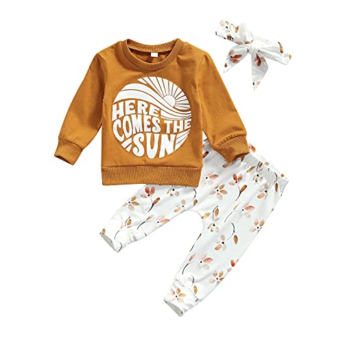 Baby Girl Clothes Set Fall 3 6 9 12 18 24 Months Long Sleeve Sweatshirt & Floral Print Pants & Headband Outfits (Light Brown , 18-24 Months ) by Mandizy