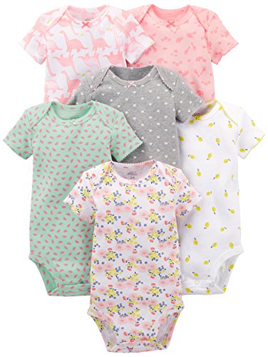 Simple Joys by Carter's Baby Girls' 6-Pack Short-Sleeve Bodysuit, Pink Dino, Floral, Mint, White, Gray, 0-3 Months from Carter's Simple Joys - Private Label