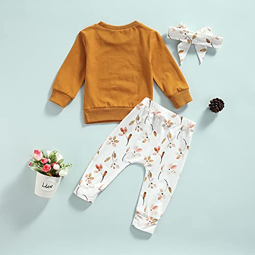 Baby Girl Clothes Set Fall 3 6 9 12 18 24 Months Long Sleeve Sweatshirt & Floral Print Pants & Headband Outfits (Light Brown , 18-24 Months ) by Mandizy