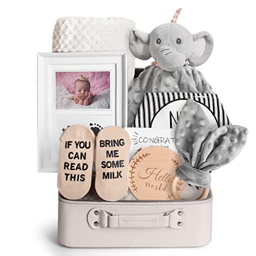 iAOVUEBY Baby Shower Gifts, Baby Gifts for Girls Boys, Baby Gift Basket Essentials Newborn Blanket Baby Lovey, Infant Milestone Keepsake Kit Wooden Toy, Funny Bibs Socks & Greeting Card (Elephant) by iAOVUEBYbabygifts