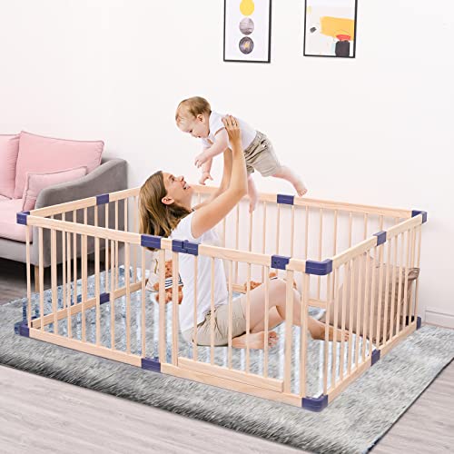 GURLLEU Natural Wooden Baby Playpen with Door, Foldable Kids Play Fence for Spacious Play Space Indoor Gates for Kids Safety Fence Baby Play Area Activity Center Playard from GURLLEU