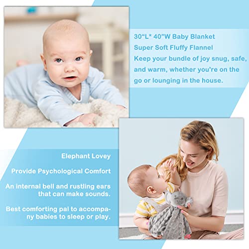 iAOVUEBY Baby Shower Gifts, Baby Gifts for Girls Boys, Baby Gift Basket Essentials Newborn Blanket Baby Lovey, Infant Milestone Keepsake Kit Wooden Toy, Funny Bibs Socks & Greeting Card (Elephant) by iAOVUEBYbabygifts