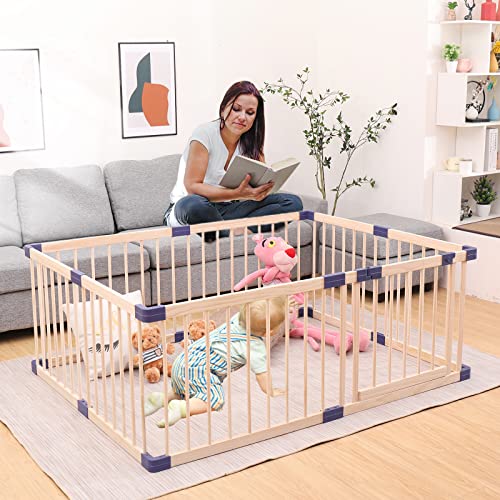 GURLLEU Natural Wooden Baby Playpen with Door, Foldable Kids Play Fence for Spacious Play Space Indoor Gates for Kids Safety Fence Baby Play Area Activity Center Playard from GURLLEU