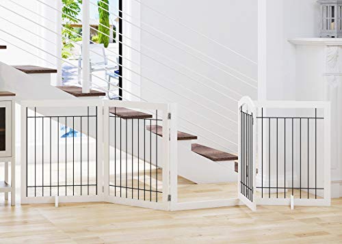 SPIRICH 96-inch Extra Wide 30-inches Tall Dog Gate with Door Walk Through, Freestanding Wire Pet Gate for The House, Doorway, Stairs, Pet Puppy Safety Fence, Support Feet Included (White) from Spirich
