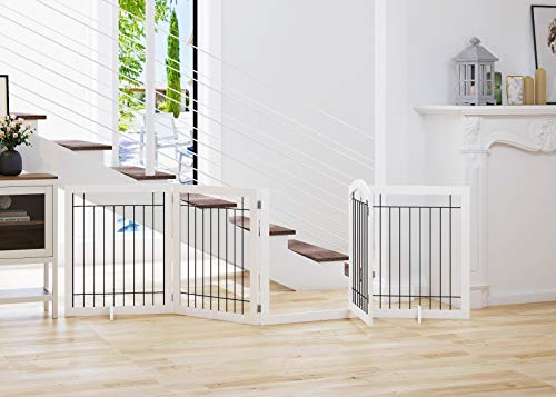 SPIRICH 96-inch Extra Wide 30-inches Tall Dog Gate with Door Walk Through, Freestanding Wire Pet Gate for The House, Doorway, Stairs, Pet Puppy Safety Fence, Support Feet Included (White) from Spirich