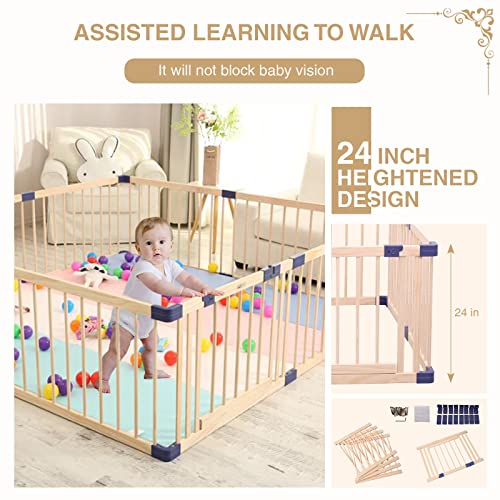 GURLLEU Natural Wooden Baby Playpen with Door, Foldable Kids Play Fence for Spacious Play Space Indoor Gates for Kids Safety Fence Baby Play Area Activity Center Playard from GURLLEU
