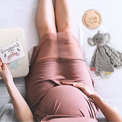 iAOVUEBY Baby Shower Gifts, Baby Gifts for Girls Boys, Baby Gift Basket Essentials Newborn Blanket Baby Lovey, Infant Milestone Keepsake Kit Wooden Toy, Funny Bibs Socks & Greeting Card (Elephant) by iAOVUEBYbabygifts