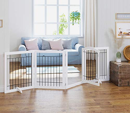 SPIRICH 96-inch Extra Wide 30-inches Tall Dog Gate with Door Walk Through, Freestanding Wire Pet Gate for The House, Doorway, Stairs, Pet Puppy Safety Fence, Support Feet Included (White) from Spirich