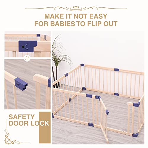 GURLLEU Natural Wooden Baby Playpen with Door, Foldable Kids Play Fence for Spacious Play Space Indoor Gates for Kids Safety Fence Baby Play Area Activity Center Playard from GURLLEU