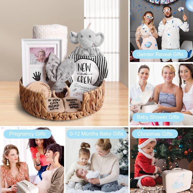 iAOVUEBY Baby Shower Gifts, Baby Gifts for Girls Boys, Baby Gift Basket Essentials Newborn Blanket Baby Lovey, Infant Milestone Keepsake Kit Wooden Toy, Funny Bibs Socks & Greeting Card (Elephant) by iAOVUEBYbabygifts