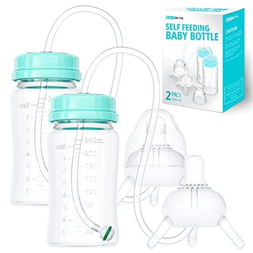 Skywin 2 Pack Self Feeding Baby Bottle, Bottle Holder for Baby, Baby Bottle with Straw, Anti Colic, for Convenient Feeding from Skywin