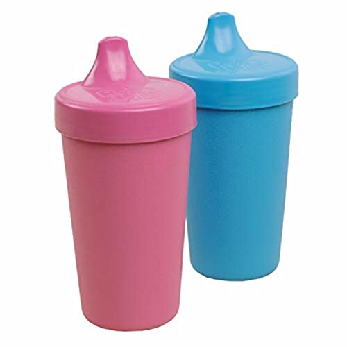 Re-Play Made in USA 2pk Toddler Feeding No Spill Sippy Cups | 1 Piece Silicone Easy Clean Valves | Eco Friendly Heavyweight Recycled Milk Jugs are Virtually Indestructible | Bright Pink/Sky Blue from Re-Think It Inc.