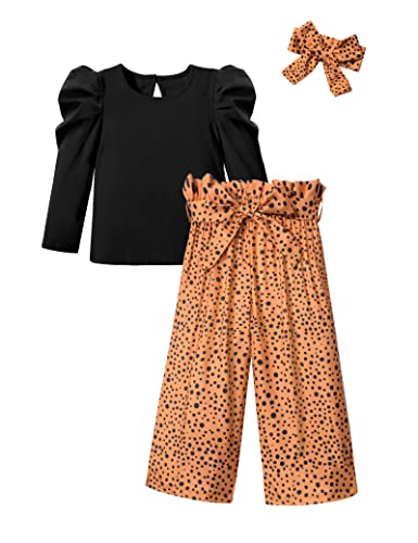 Toddler Girl Clothes 3T-4T Girls Fashion Clothes Black Round Neck Puff Sleeves Knitted Shirt Long Sleeve Top Leopard Print Spotted Pants Headband 3Pcs Girls Gifts Set by 