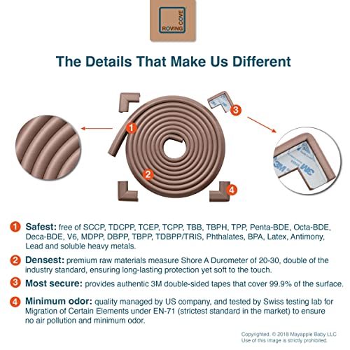 Edge Corner Protector Baby Proofing (Large 15ft Edge 4 Corners) - RovingCove Hefty-Fit Heavy-Duty, Soft NBR Rubber Foam, Furniture Fireplace Safety Corner Edge Bumper Guard, 3M Adhesive, Coffee Brown from Mayapple Baby