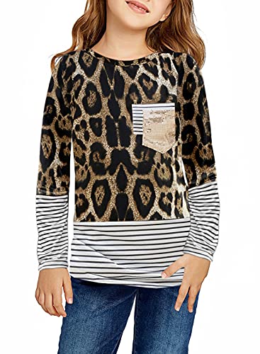Dokotoo Girls Long Sleeve Sweatshirts Striped Leopard Camouflage Sweatshirt Sequin Pocket Pullover Shirts Tops for Teen Girls Leopard Size 6-7 by 