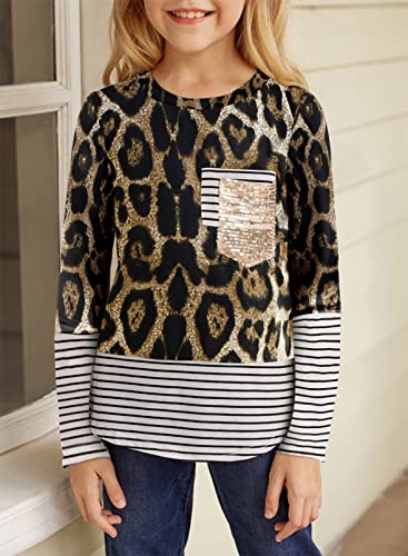 Dokotoo Girls Long Sleeve Sweatshirts Striped Leopard Camouflage Sweatshirt Sequin Pocket Pullover Shirts Tops for Teen Girls Leopard Size 6-7 by 