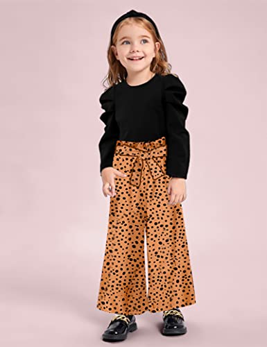 Toddler Girl Clothes 3T-4T Girls Fashion Clothes Black Round Neck Puff Sleeves Knitted Shirt Long Sleeve Top Leopard Print Spotted Pants Headband 3Pcs Girls Gifts Set by 
