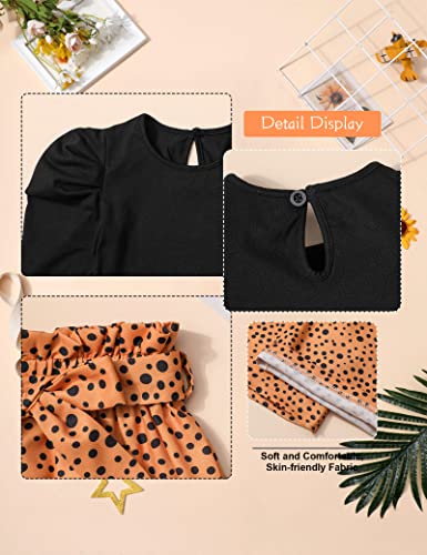 Toddler Girl Clothes 3T-4T Girls Fashion Clothes Black Round Neck Puff Sleeves Knitted Shirt Long Sleeve Top Leopard Print Spotted Pants Headband 3Pcs Girls Gifts Set by 