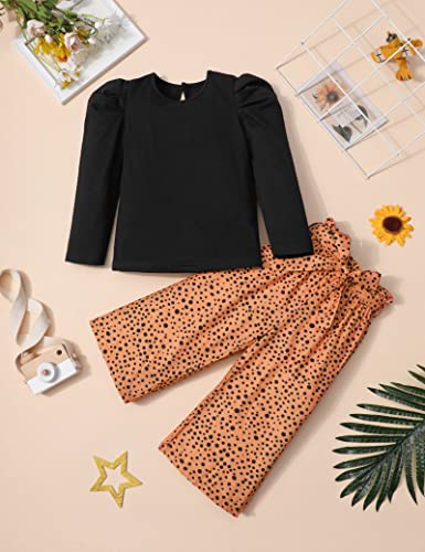 Toddler Girl Clothes 3T-4T Girls Fashion Clothes Black Round Neck Puff Sleeves Knitted Shirt Long Sleeve Top Leopard Print Spotted Pants Headband 3Pcs Girls Gifts Set by 