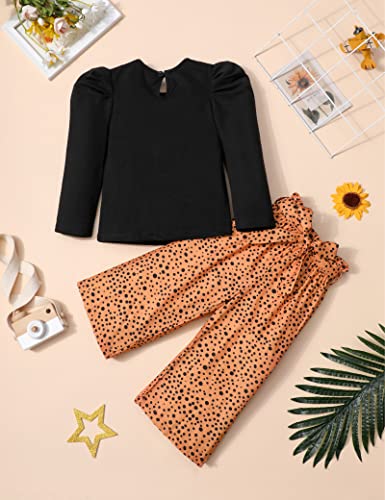 Toddler Girl Clothes 3T-4T Girls Fashion Clothes Black Round Neck Puff Sleeves Knitted Shirt Long Sleeve Top Leopard Print Spotted Pants Headband 3Pcs Girls Gifts Set by 
