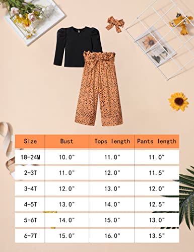 Toddler Girl Clothes 3T-4T Girls Fashion Clothes Black Round Neck Puff Sleeves Knitted Shirt Long Sleeve Top Leopard Print Spotted Pants Headband 3Pcs Girls Gifts Set by 