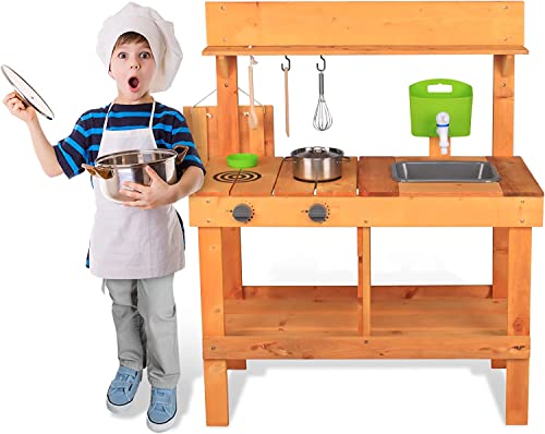 AOPARTS Kids Wooden Kitchen Play-Set, Outdoor Mud Kitchen Pretend Play with Kitchenware, Faucet, for Kids 3+ Years Old, Backyard Kids Play - CPC Certificate, MZCF by AOPEC