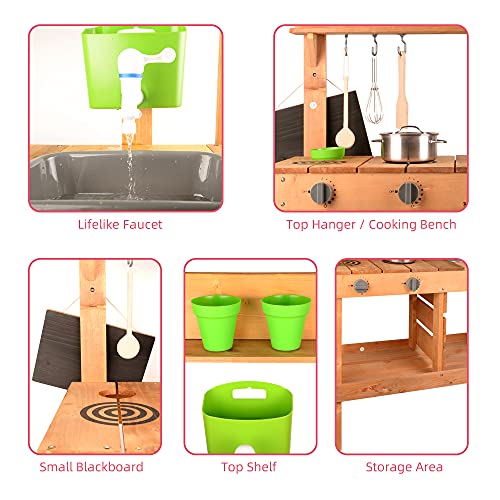 AOPARTS Kids Wooden Kitchen Play-Set, Outdoor Mud Kitchen Pretend Play with Kitchenware, Faucet, for Kids 3+ Years Old, Backyard Kids Play - CPC Certificate, MZCF by AOPEC