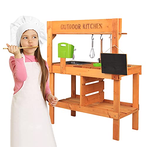 AOPARTS Kids Wooden Kitchen Play-Set, Outdoor Mud Kitchen Pretend Play with Kitchenware, Faucet, for Kids 3+ Years Old, Backyard Kids Play - CPC Certificate, MZCF by AOPEC