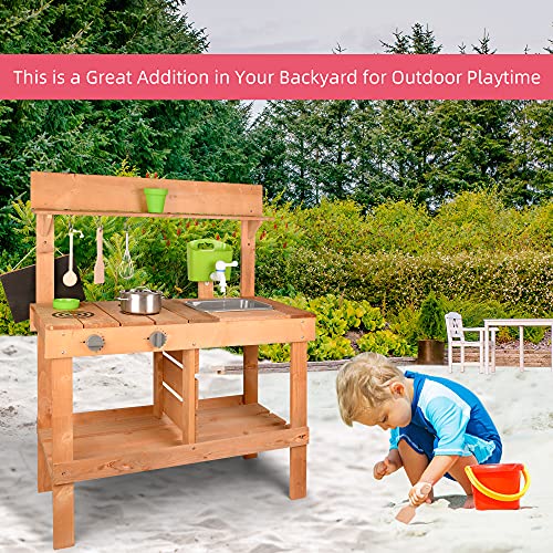 AOPARTS Kids Wooden Kitchen Play-Set, Outdoor Mud Kitchen Pretend Play with Kitchenware, Faucet, for Kids 3+ Years Old, Backyard Kids Play - CPC Certificate, MZCF by AOPEC