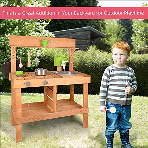 AOPARTS Kids Wooden Kitchen Play-Set, Outdoor Mud Kitchen Pretend Play with Kitchenware, Faucet, for Kids 3+ Years Old, Backyard Kids Play - CPC Certificate, MZCF by AOPEC