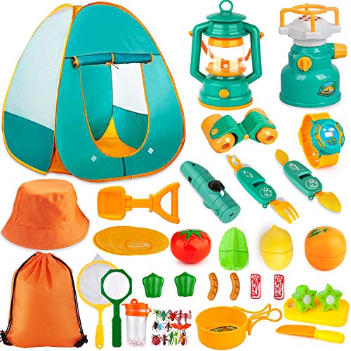 Aokiwo 45Pcs Kids Camping Tent Set, Pop Up Play Tent with Camping Gear Tools Indoor Outdoor Pretend Play Set for Toddler Boys/Girls - Including Telescope, Walkie Talkie, Camping Tent, Stove, and etc by AOKIWO