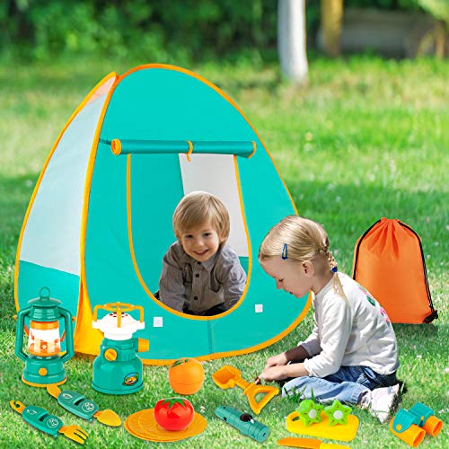 Aokiwo 45Pcs Kids Camping Tent Set, Pop Up Play Tent with Camping Gear Tools Indoor Outdoor Pretend Play Set for Toddler Boys/Girls - Including Telescope, Walkie Talkie, Camping Tent, Stove, and etc by AOKIWO