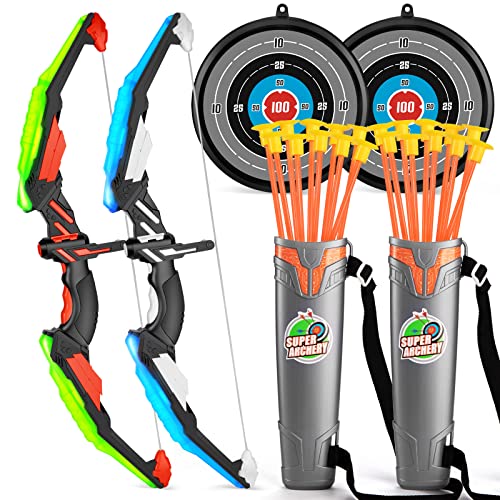 TMEI 2 Pack Set Kids Archery Bow Arrow Toy Set Outdoor Hunting Play with 2 Bow 20 Suction Cup Arrows 2Target & Quiver,LED Light Up Function Toy, Indoor and Outdoor Toys for Children Boys Girls from TEMI