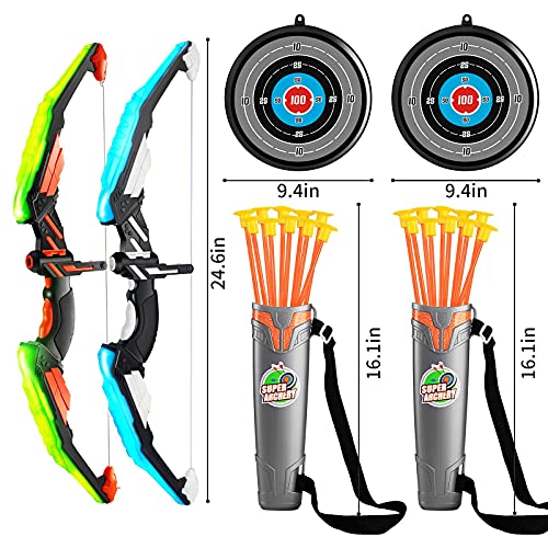 TMEI 2 Pack Set Kids Archery Bow Arrow Toy Set Outdoor Hunting Play with 2 Bow 20 Suction Cup Arrows 2Target & Quiver,LED Light Up Function Toy, Indoor and Outdoor Toys for Children Boys Girls from TEMI