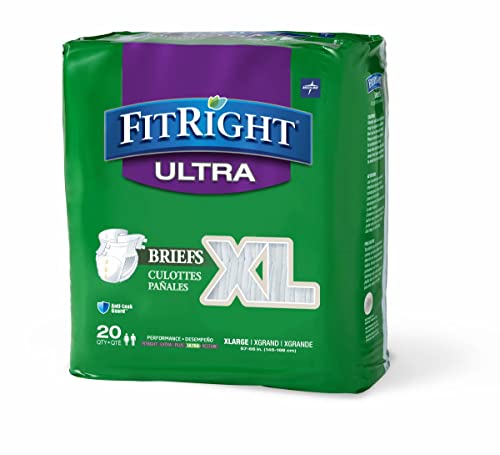 FitRight Ultra Adult Diapers, Disposable Incontinence Briefs with Tabs, Heavy Absorbency, X-Large, 57"-66", 4 packs of 20 (80 total) by Medline Industries Healthcare