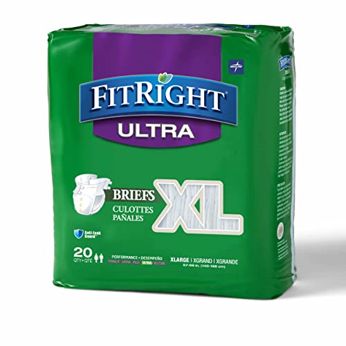 FitRight Ultra Adult Diapers, Disposable Incontinence Briefs with Tabs, Heavy Absorbency, X-Large, 57"-66", 4 packs of 20 (80 total) by Medline Industries Healthcare