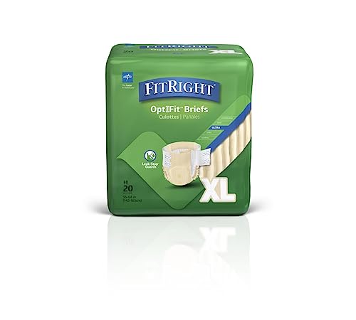 FitRight Ultra Adult Diapers, Disposable Incontinence Briefs with Tabs, Heavy Absorbency, X-Large, 57"-66", 4 packs of 20 (80 total) by Medline Industries Healthcare