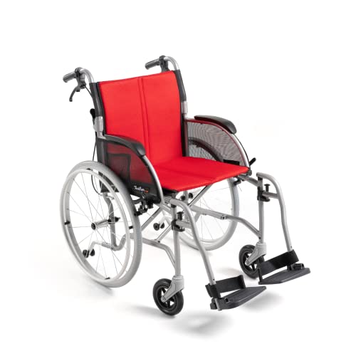 FeatherMobility - 13.5lbs - Red Cushion Silver Frame Lightweight Folding Wheelchair - with Swingaway Legrests, Anti-tippers, and Quick Release Wheels by FeatherMobility