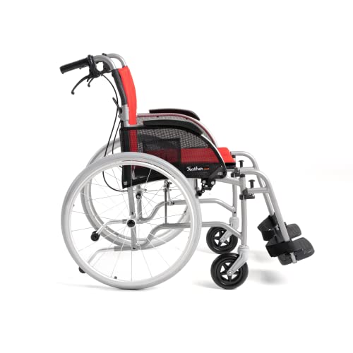 FeatherMobility - 13.5lbs - Red Cushion Silver Frame Lightweight Folding Wheelchair - with Swingaway Legrests, Anti-tippers, and Quick Release Wheels by FeatherMobility