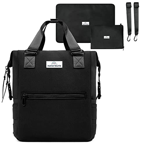 Nurse Laurie Neoprene Diaper Bag Backpack (Black) 12 Pocket System, Water Resistant & Insulated- Includes Changing Pad, Pouch, Stroller Straps- Lightweight Baby Bags for Boys by Nurse Laurie