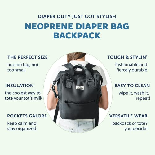 Nurse Laurie Neoprene Diaper Bag Backpack (Black) 12 Pocket System, Water Resistant & Insulated- Includes Changing Pad, Pouch, Stroller Straps- Lightweight Baby Bags for Boys by Nurse Laurie