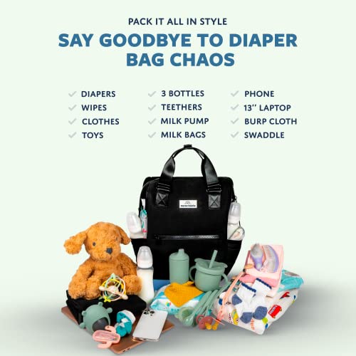 Nurse Laurie Neoprene Diaper Bag Backpack (Black) 12 Pocket System, Water Resistant & Insulated- Includes Changing Pad, Pouch, Stroller Straps- Lightweight Baby Bags for Boys by Nurse Laurie