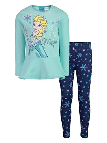 Disney Frozen Elsa Little Girls Fleece Long Sleeve Graphic T-Shirt and Leggings Outfit Set Turquoise/Blue 7 from 