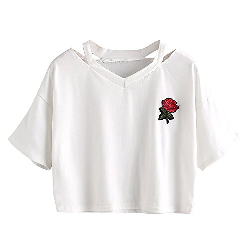 BCDshop Women Teen Girls Embroidery Rose Crop Top Tees Short Sleeve V Neck T-Shirt (M, White) by BCDshop
