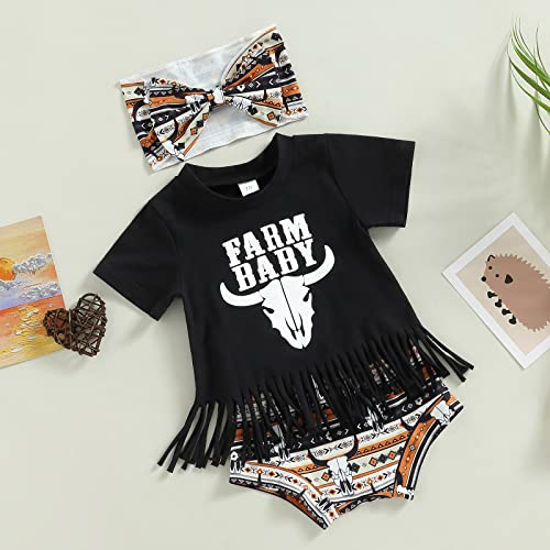 Western Baby Girl Clothes Short Sleeve Letter Print T-Shirt Tops Cow Print Shorts Boho Baby Girl Summer Clothes (Black White, 6-12 Months) from Muasaaluxi