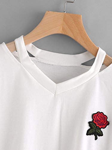 BCDshop Women Teen Girls Embroidery Rose Crop Top Tees Short Sleeve V Neck T-Shirt (M, White) by BCDshop
