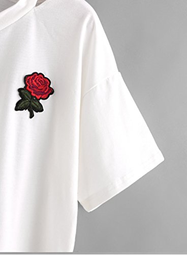 BCDshop Women Teen Girls Embroidery Rose Crop Top Tees Short Sleeve V Neck T-Shirt (M, White) by BCDshop